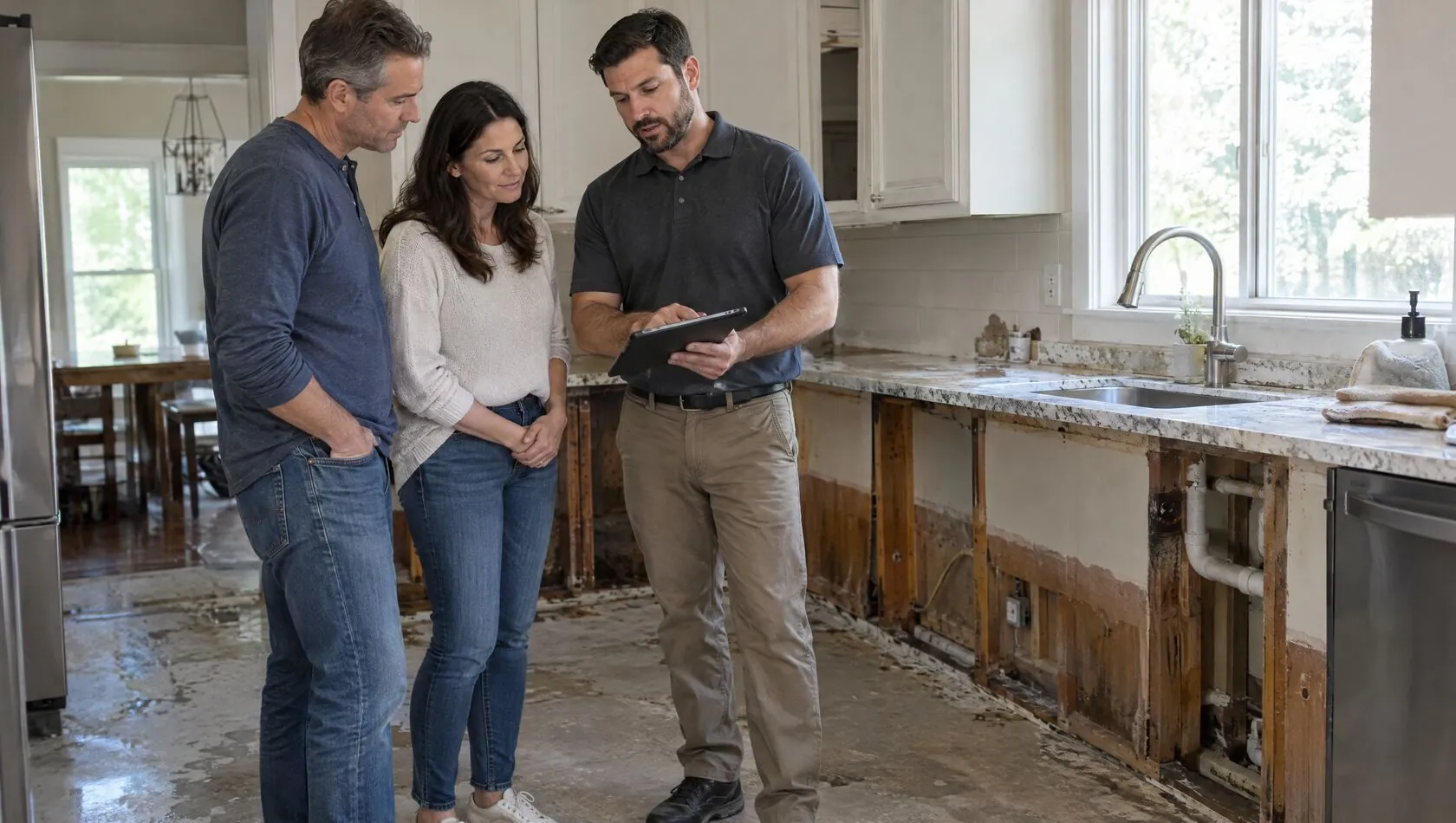 Restoration technician walking two homeowners through the repair plan in their kitchen