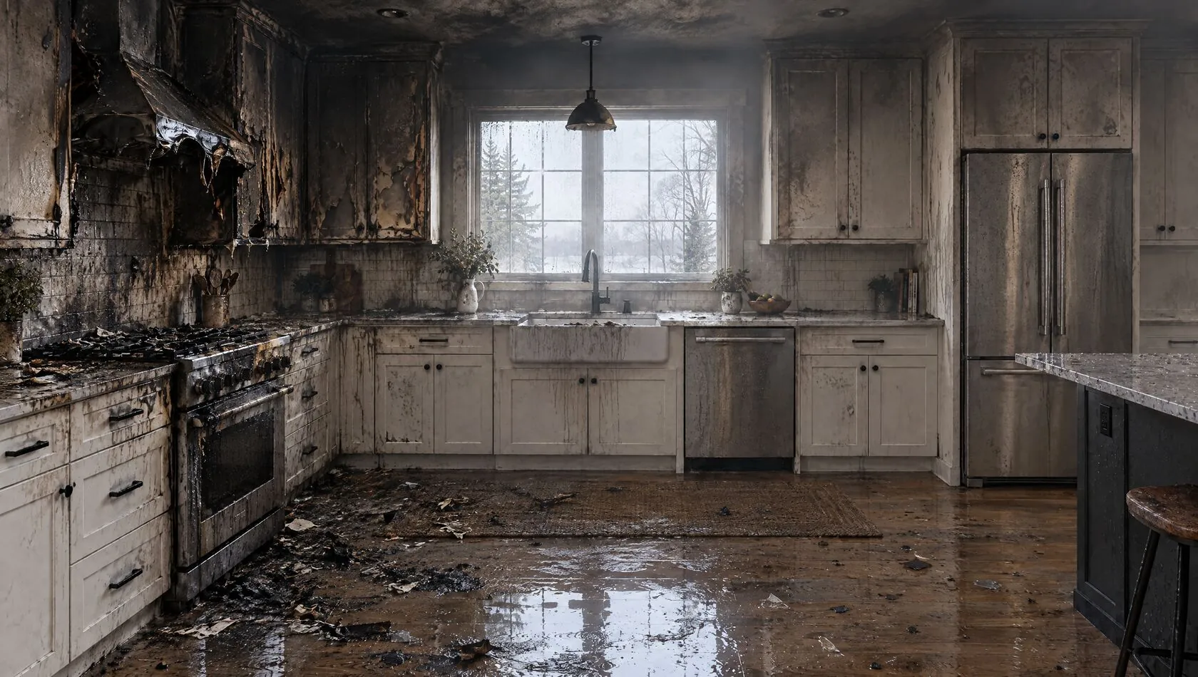 Kitchen with fire and smoke damage