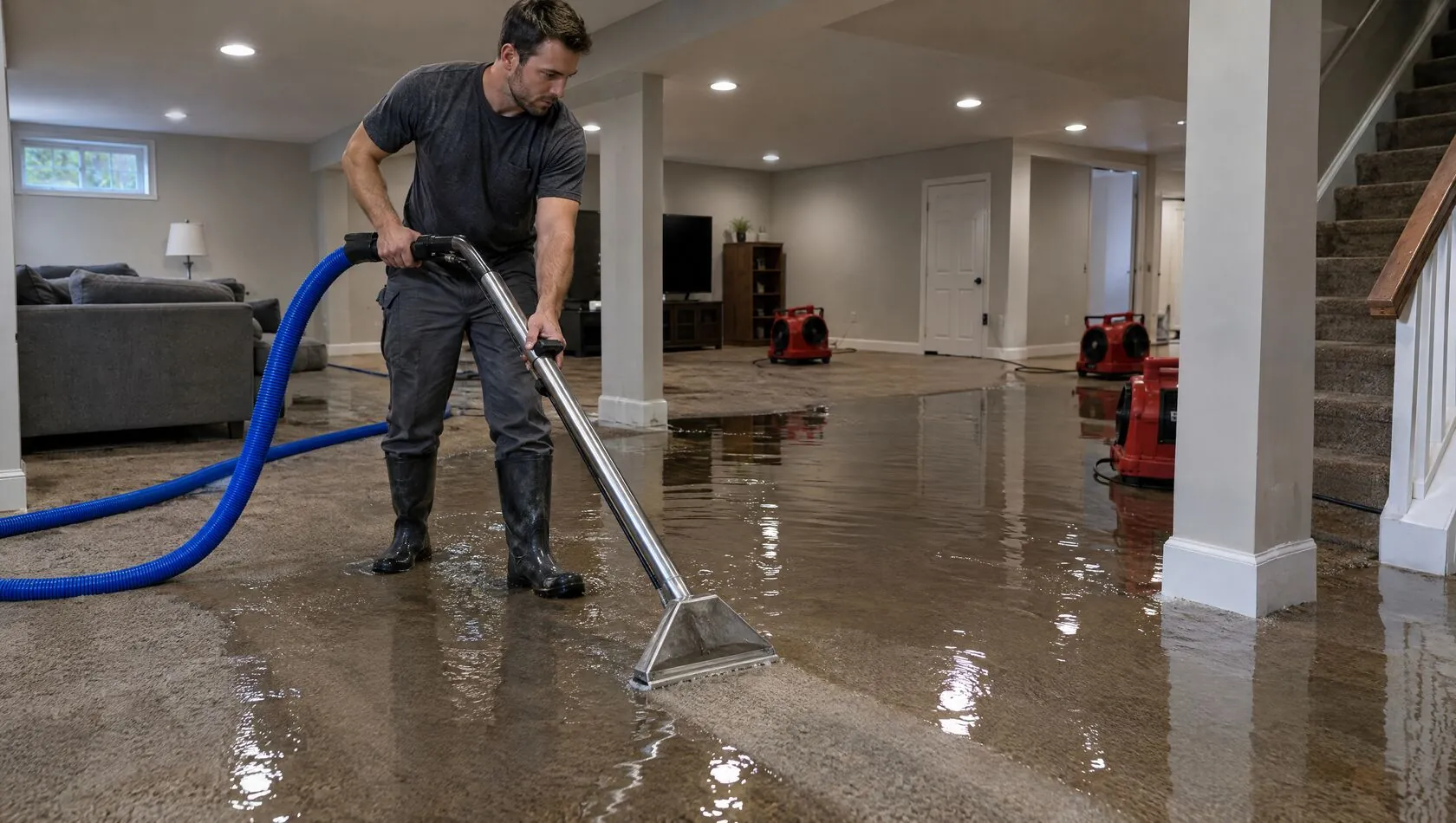 Technician extracting water from a flooded basement