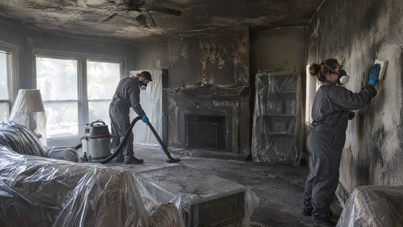 Technicians cleaning a smoke-damaged living room