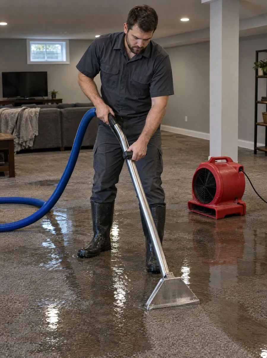 Technician extracting standing water from a flooded floor