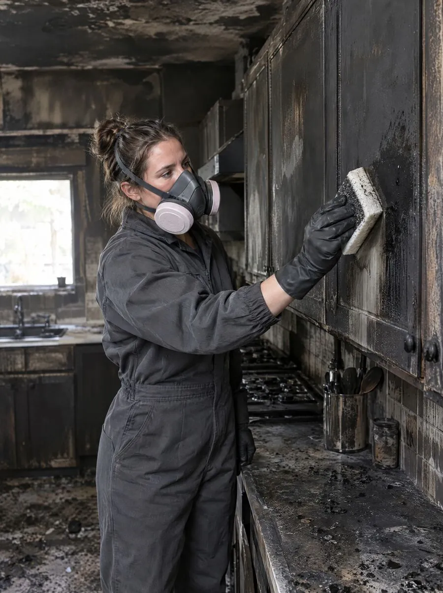 Technician cleaning soot from kitchen cabinets