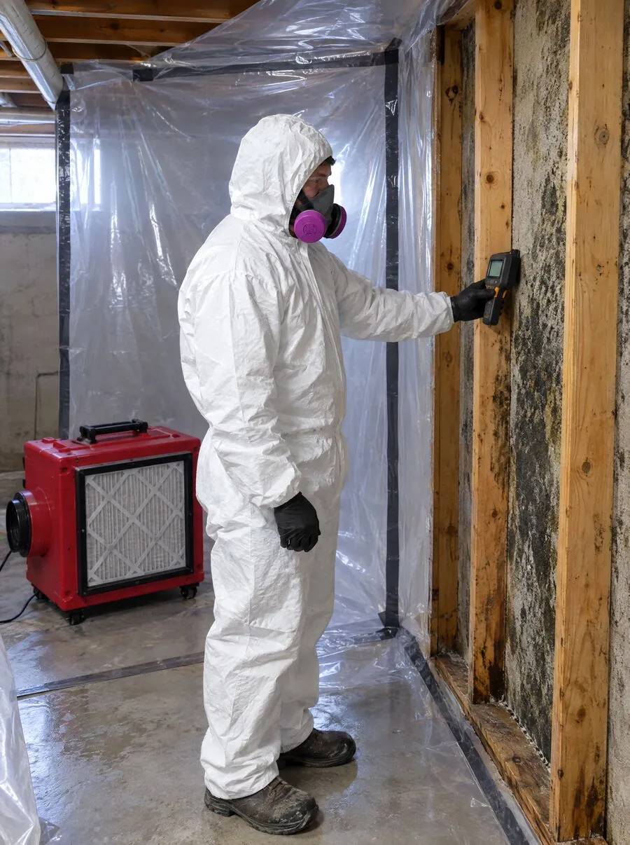 Technician in protective gear working inside a mold containment area