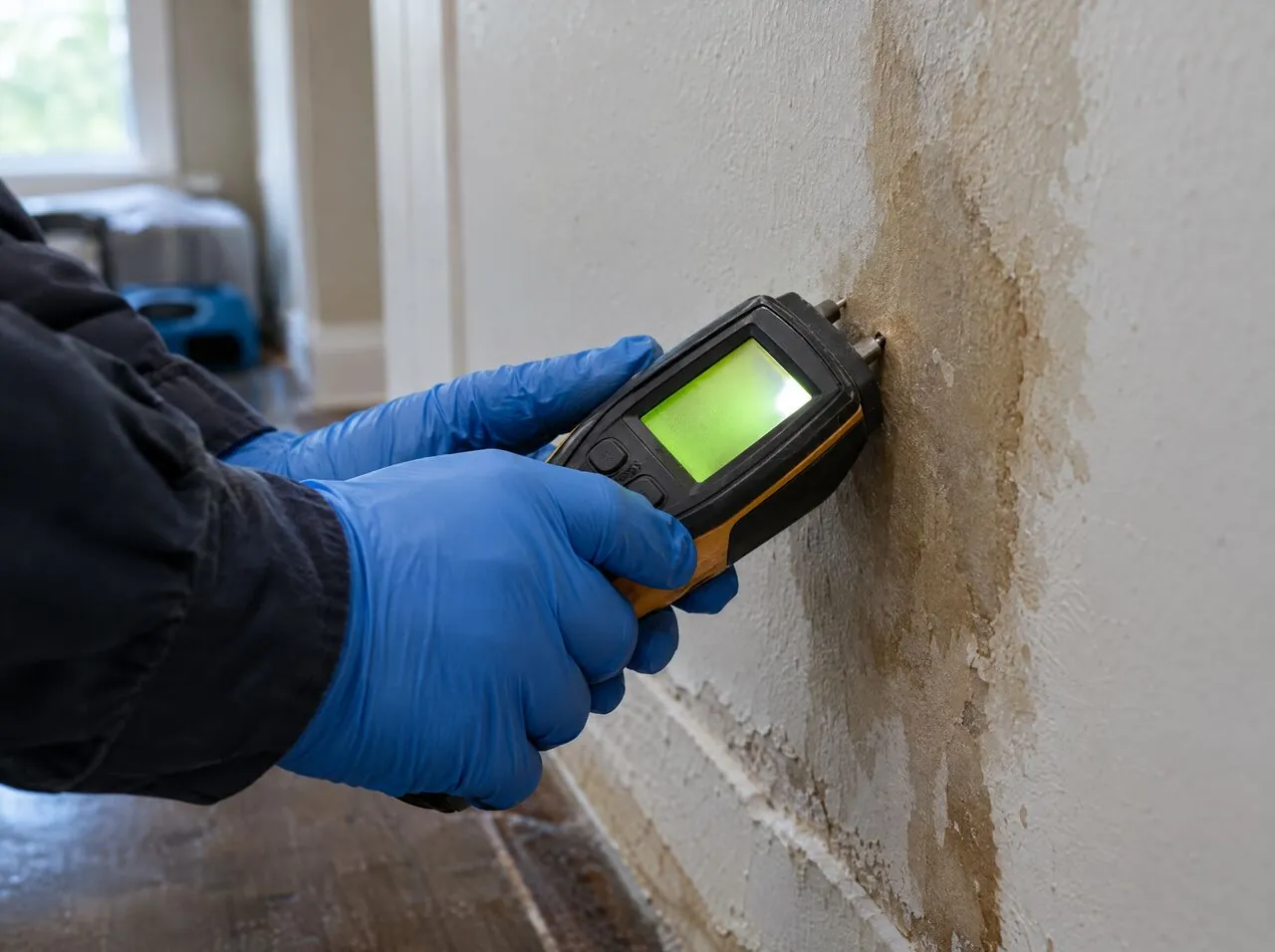 Moisture meter checking a water-stained wall