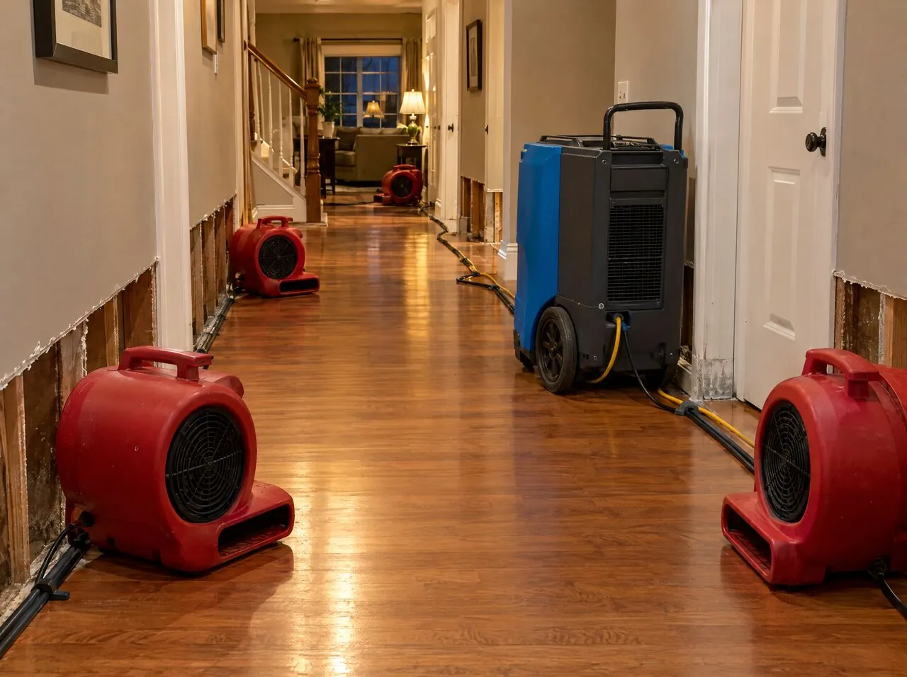 Air movers and a dehumidifier drying a hallway