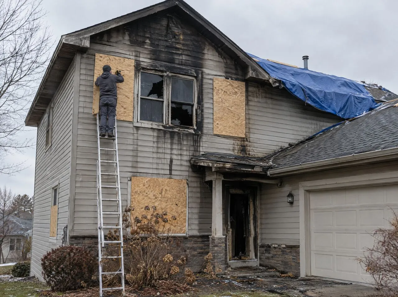 Crew boarding up windows on a fire-damaged house