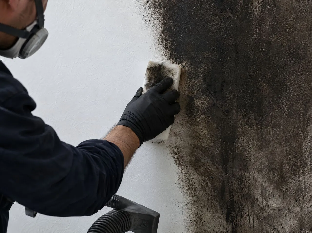 Technician lifting soot from a wall with a dry-cleaning sponge
