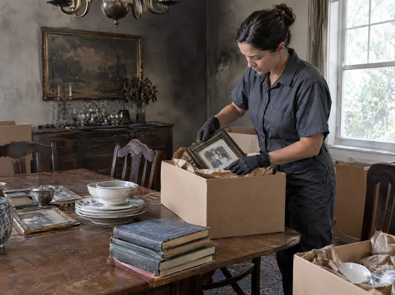 Technician carefully packing salvageable belongings for cleaning