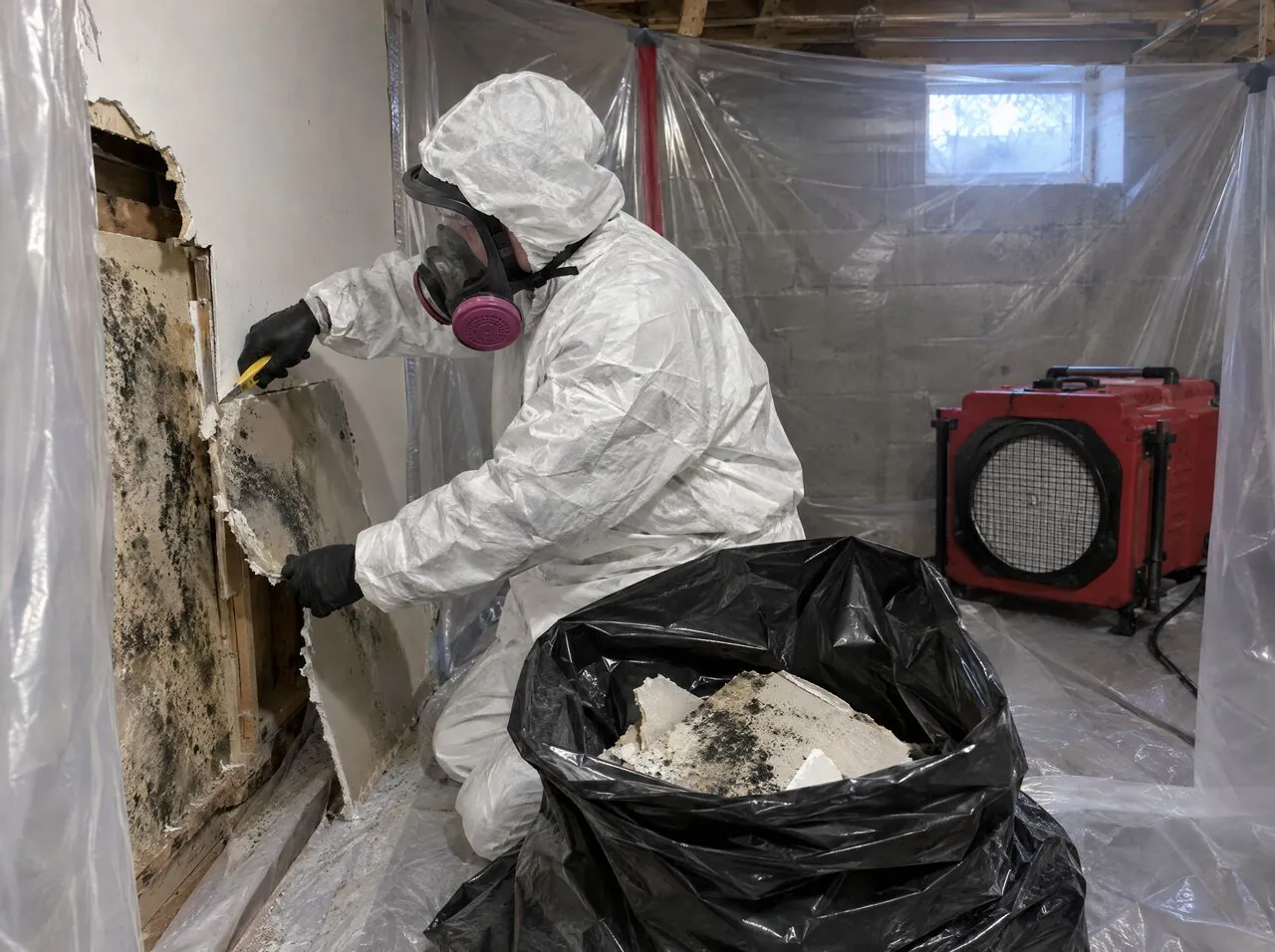 Technician bagging moldy drywall inside containment