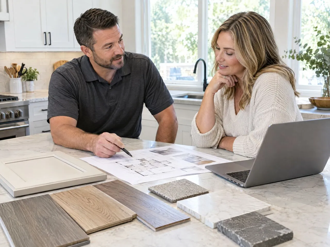 Project manager reviewing a repair plan with a homeowner